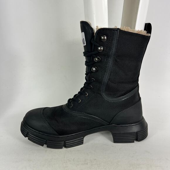 Ganni Combat Boots Women's 9 Black Polyester Faux Shearling-Lined Lace-Up - Picture 6 of 10